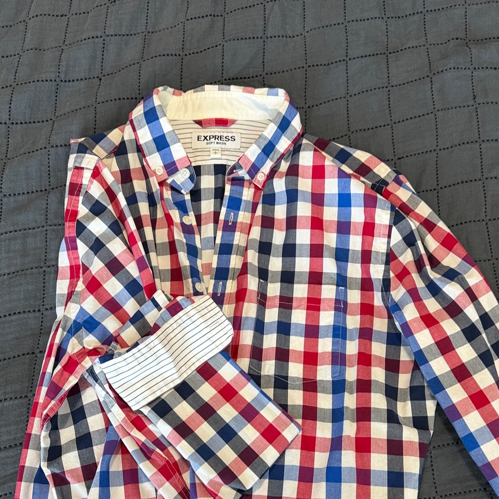 Express Men's Vibrant Red and Blue Plaid Shirt